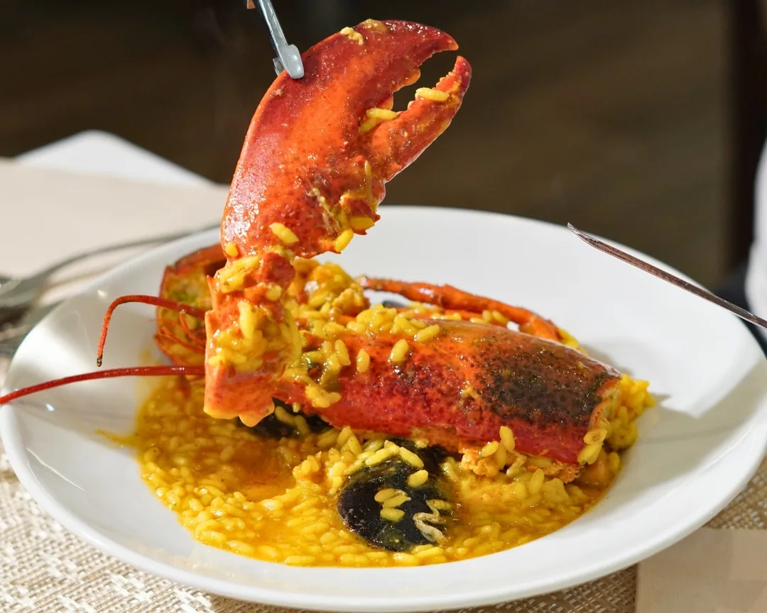 Un bogavante abierto sobre arroz caldoso, en un plato hondo blanco